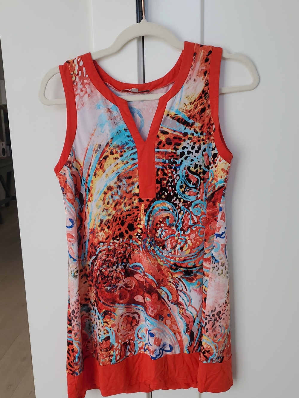 Miko- Silky Soft Tunic Sleeveless Blouse Bold, Orange, Turquoise & White Sz.Med.